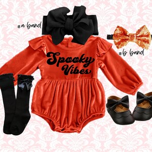 Halloween Velvet Baby Romper Outfit: Spooky Vibes, Headbands & Socks