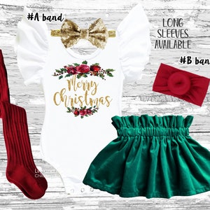 Christmas Girl Outfit, Christmas baby girl tutu set, Merry Christmas floral boho girl outfit, Christmas birthday outfit, velvet girl skirt