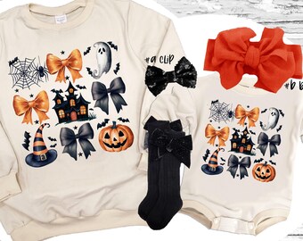 Spooky Mama Sweatshirt, Mini Halloween Romper, Bow Clip, Headband, Socks Set
