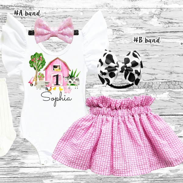 1st Birthday FARM Girl Outfit, PINK Farm animal baby girl tutu set, barnyard boho girl birthday, 1st birthday cow  smash cake outfit