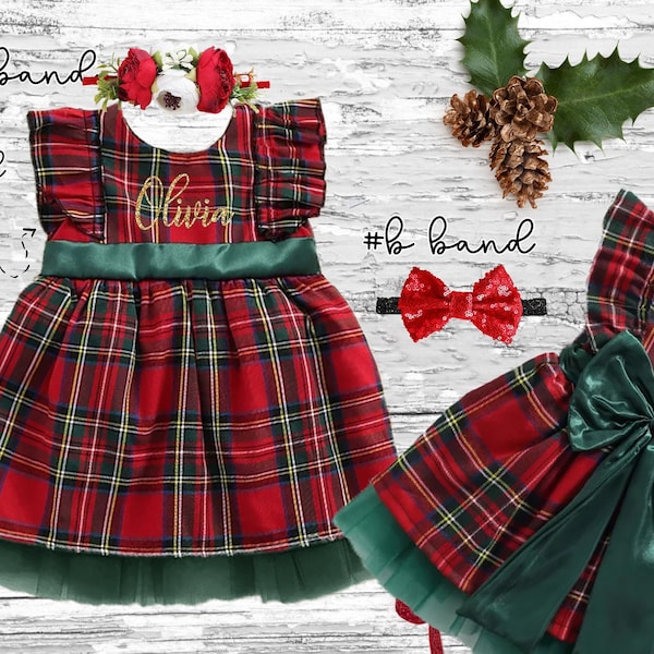 Christmas baby girl dress, Personalized buffalo plaid Christmas girls dress, Monogrammed buffalo plaid toddler dress, girl fluffy tutu dress