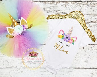 Unicorn Birthday Outfit, Unicorn headband, Unicorn rainbow tutu set, Rainbow unicorn birthday outfit set, Rainbow Unicorn Girls Costume