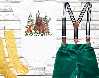 Wild One 1st Birthday Outfit: Jungle Animals Bodysuit, Velvet Shorts