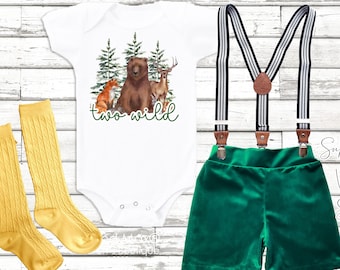 2nd birthday BOY Outfit two wild jungle 2nd birthday boy suspender gold green velvet short ,boy birthday bodysuit,bear safari boy outfit