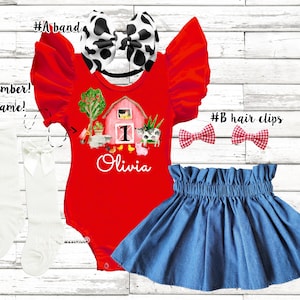 Farm Animals Birthday Outfit: Denim Skirt Set, Red Ruffle Top
