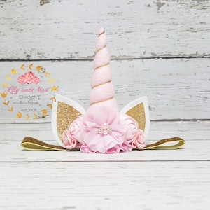 Pink and gold Unicorn headband, Unicorn headband, unicorn party headband, gold glitter elastic unicorn headband, peachy pink gold unicorn