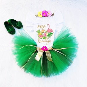 Hula Luau Birthday Outfit, First Luau Birthday Tutu Outfit, Tropical flamingo leotard, Hawaiian tropical flower headband, Flamingo birthday