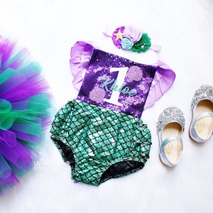 Mermaid Birthday Outfit, Mermaid headband, Mermaid Birthday romper set, Mermaid Romper, Starfish mermaid set, Mermaid Girls Costume