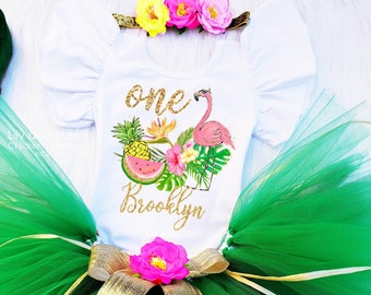 Hula Luau Birthday Outfit, First Luau Birthday Tutu Outfit, Tropical flamingo leotard, Hawaiian tropical flower headband, Flamingo birthday