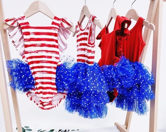 4th of July Romper, Patriotic BOW back tutu star dress, patriotic stars American flag fluffy tutu girl dress