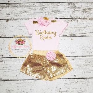 Birthday Babe Outfit: Gold Sequin Shorts, Floral Headband
