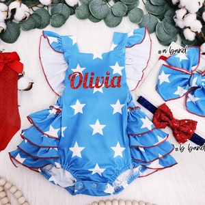 4th of July girl Outfit Patriotic girls star romper personalized 1st 4th of July romper Patriotic girls smash cake outfit