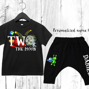 Two the Moon Birthday Outfit: Boys Outer Space Shirt & Harem Pants