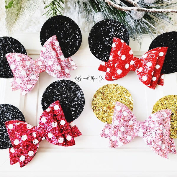 Mouse ear sequin bow clip, sequin mouse bow alligator clip, Mouse ear glitter bow clip,  Mouse polka dot alligator clip