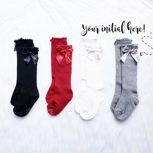 Initialed Baby Knee High Socks: Christmas Red Socks with Bow