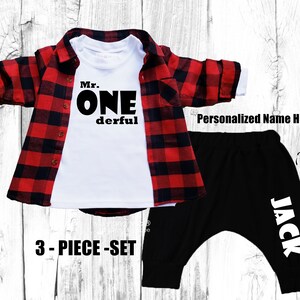 Lumberjack 1st Birthday Outfit: Buffalo Plaid Set, Mr. ONEderful, black pants personalized,  Christmas, fall