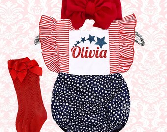 Personalized 4th of July Baby Romper Set: Patriotic Girl Outfit