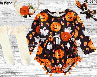 Pumpkin Ghost Baby Romper: Halloween Pom Pom Outfit