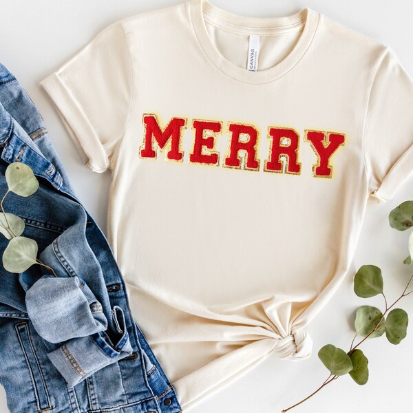 Chenille Patch Christmas Shirt, Merry Christmas baby sweatsuit, Christmas shirt for Women, chenille patch letter merry baby bodysuit