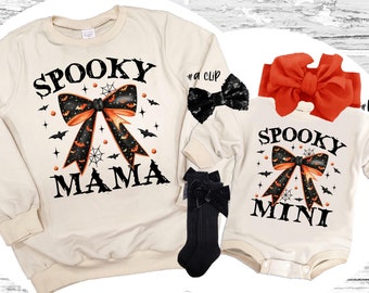 Spooky Mama Sweatshirt: Baby Girl Halloween Romper, Bow Clip & Socks Set