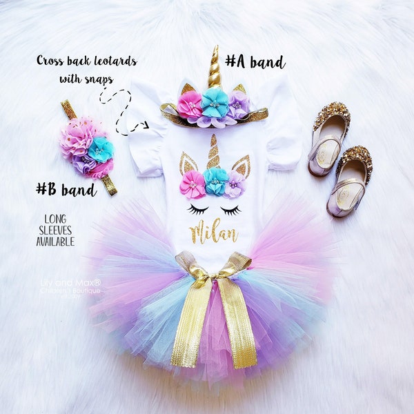 Unicorn Birthday Outfit: Rainbow Tutu, Gold Headband, Personalized Bodysuit