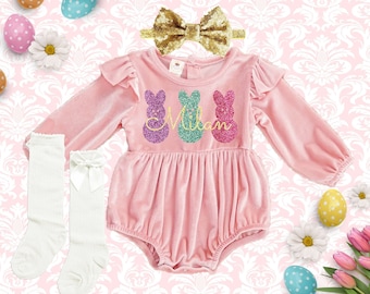 Easter velvet girl Outfit, Monogrammed romper, 1st Easter baby girl outfit, Personalized baby girl Easter outfit,pink romper girls