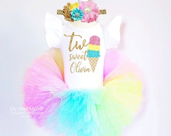 Two Sweet Ice Cream 2nd Birthday Outfit: Rainbow Tutu, Leotard & Headband