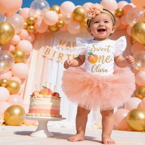 Peach 1st Birthday Outfit, Tutu Set with Gold Glitter Bodysuit