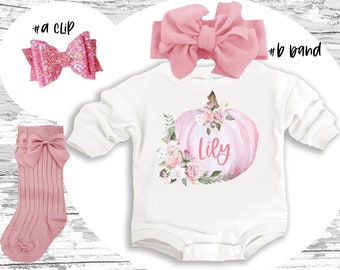 Pink Pumpkin Baby Outfit: Thanksgiving Romper, Bow Clip & Socks