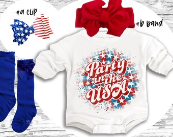 4th of July Baby Outfit: Party in the USA Romper, Bow, Socks