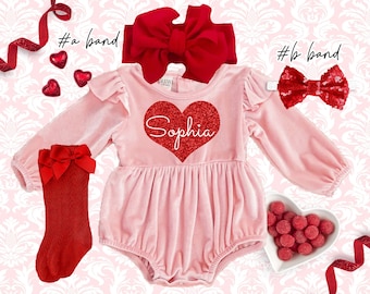 Valentine&#39;s day velvet girl Outfit, Monogrammed romper, Valentine baby girl outfit, Personalized baby girl Valentine outfit,red romper girls