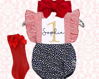 4th of July Birthday Girl Romper Set: Patriotic First Birthday Outfit