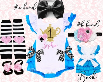 Alice In Wonderland tea party Birthday Outfit Alice In ONEderland romper Alice Costume pink Alice in onederland tea party smash cake outfit