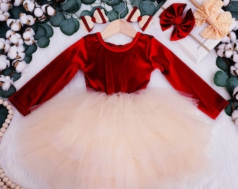 NEW- Christmas girl dress, Christmas RED VELVET bow back top and cream baby girl dress, holiday toddler dress, girl fluffy cream tutu dress