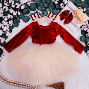 NEW- Christmas girl dress, Christmas RED VELVET bow back top and cream baby girl dress, holiday toddler dress, girl fluffy cream tutu dress