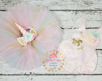 Unicorn Birthday Outfit, Unicorn headband, Unicorn pink mint and gold tutu set, Unicorn Romper, Rainbow unicorn set, Unicorn Girls Costume