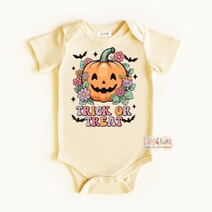 Halloween retro vibes baby bodysuit, trick or treat spooky vibes shirt, groovy baby, Halloween retro hippie bodysuit, boho baby