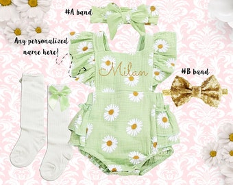 Summer boho daisy girl romper Outfit, Monogrammed romper, 1st birthday baby girl outfit, Personalized baby girl romper, green romper girls