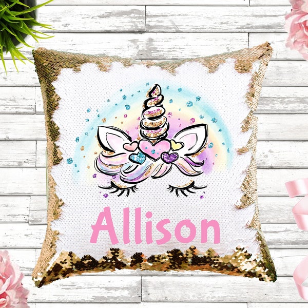 Personalized Unicorn Sequin Pillow, Silver sequin reversible unicorn pillow, unicorn party pillow gift, Unicorn birthday gift, Personalized