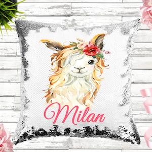 Personalized Llama Sequin Pillow, Silver sequin reversible llama pillow, alpaca party pillow gift, llama birthday gift, Personalized
