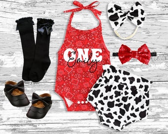 Farm Cow 1st Birthday Outfit: Halter Romper, Bow Headbands & Bloomer Set