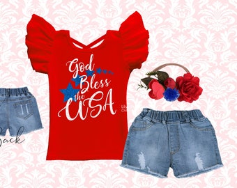 Girls 4th of July Outfit: Patriotic Denim Shorts Set