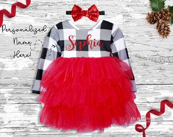 Vestido de niña de Navidad, Vestido personalizado de niñas de Navidad a  cuadros de búfalo, Vestido de niño a cuadros de búfalo con monograma,  Vestido