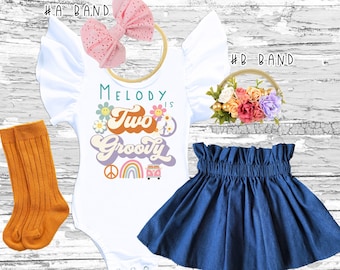 Two Groovy Birthday Outfit: Denim Skirt Set with Headbands