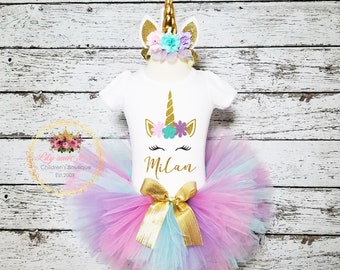 Unicorn Birthday Outfit, Unicorn headband, Unicorn rainbow tutu set, Rainbow unicorn birthday outfit set, Rainbow Unicorn Girls Costume