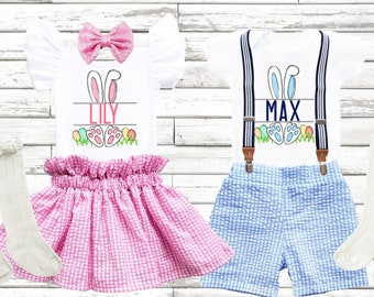 Personalized Easter girls outfit, Easter twins bunny seersucker outfit 1st Easter girls boys outfit 1st Easter girls outfit birthday leotard