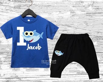 Shark Birthday boy Outfit, Baby shark boy pant set, Shark birthday boy bodysuit, boy outfit, black soft  comfy boy pants, 1st boy birthday