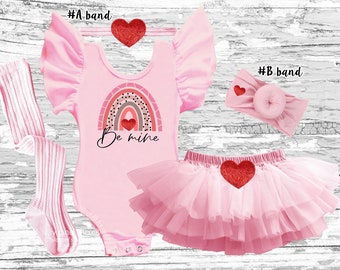 1st Valentine's day girls outfit Valentines girls boho rainbow tutu bloomer outfit,Valentine's Day smash cake outfit, flutter sleeve leotard