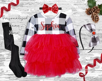 Christmas baby girl dress, Personalized buffalo plaid Christmas girls dress, Monogrammed buffalo plaid toddler dress, girl fluffy tutu dress