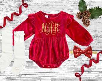 Christmas velvet girl Outfit, Monogrammed baby romper, Christmas baby girl outfit, Personalized baby girl Christmas outfit,red romper girls